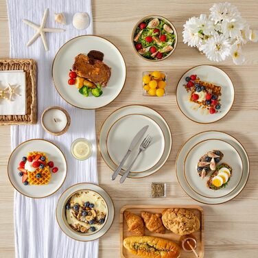 Набір посуду на 6 осіб Vancasso RENO 24 шт. з каменю, сучасний сервіз: тарілки для їжі, супу, десерту, миски. Підходить для миття в посудомийній машині та використання в мікрохвильовій печі. (Бежевий, 36 шт.)