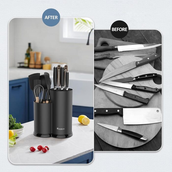 Knife Block Without Knives, Black Universal Round Knife Block Holder Unfurnished with Utensil Holder, Empty Knife Block - Holds 12 8-Inch Knives, Suitable for All Kitchen Knives