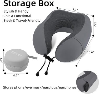 Подушка для шиї HydroAurum, подушка для подорожей, подушка для шиї з піною з пам'яті для літака, ергономічна підтримка шиї, 360° комфорт для літака, авто та поїзда, портативна U-подібна подушка з пральною наволочкою та темно-сірий колір, піна з пам'яті