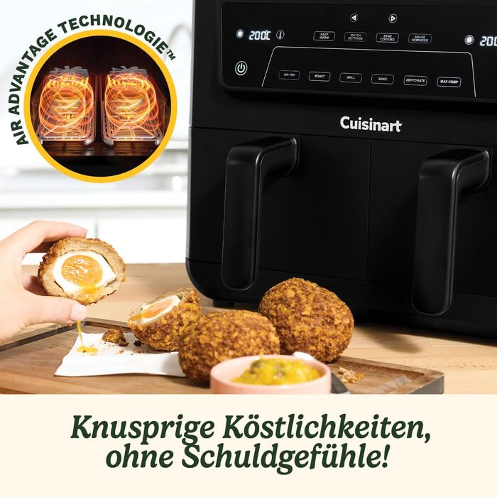 Фритюрниця Cuisinart XXL 10.4L з двома зонами, без PFAS та хімікатів, для смаження, гриля, випікання, дегідратації та підтримання тепла, 2 камери (2 x 5.2L), 8+ порцій, знімні деталі придатні для миття в посудомийній машині, чорний колір