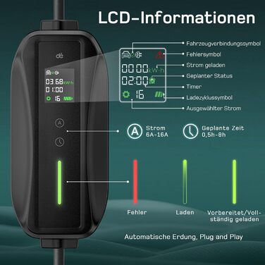 Кабель зарядки Schuko 3,68kW (1-фазний, 6-16A) для електромобілів: цифровий дисплей, 25м