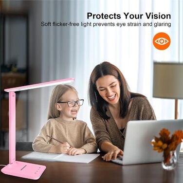 Лампа настільна LED Jumoking з регулюванням яскравості та захистом очей, 5 кольорів, 5 рівнів яскравості, USB-порт для зарядки, сенсорне керування, рожева (Pro)