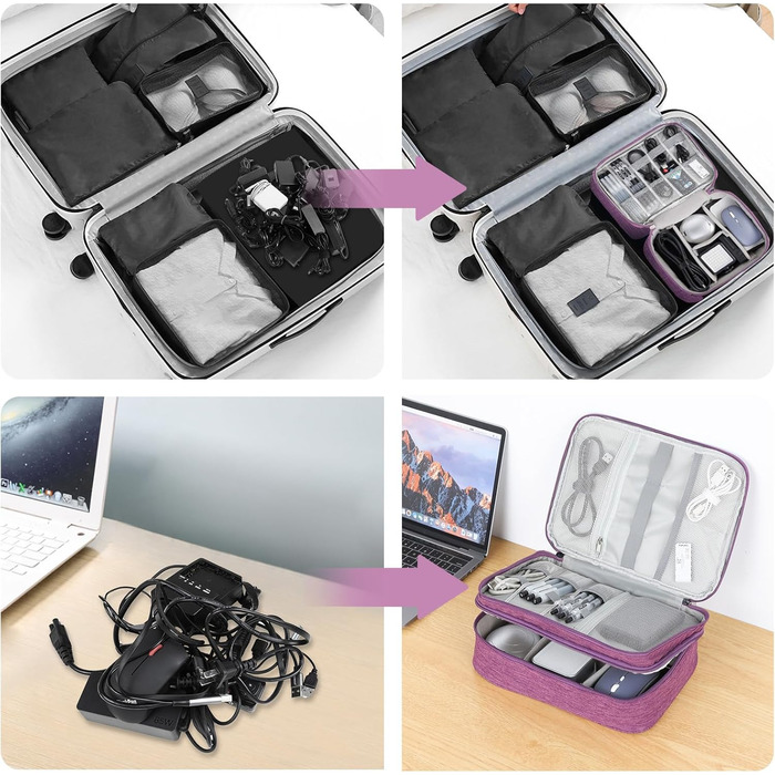 Органайзер для кабелів AiQInu: універсальна дорожня сумка-кубик, 3 шари, водонепроникний, для кабелів, power bank, USB, SD карт (фіолетовий)