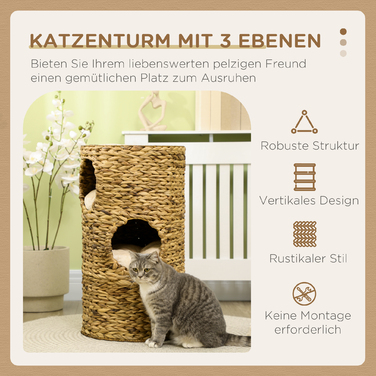 PawHut Cat Tree 73cm 3-Tier with Water Hyacinth and Steel Cushions, Light Brown for Cat Lovers