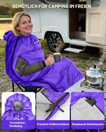 Спальний мішок Sportneer Outdoor для дорослих, теплий ковдувальний спальник на 3-4 сезони для кемпінгу та подорожей (220x85 см, фіолетовий, 10-26 °C)