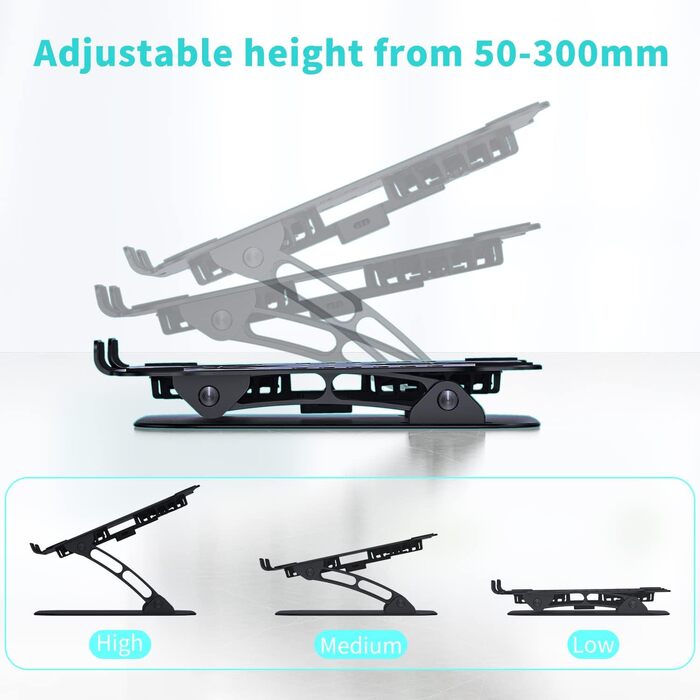 Регульований підставка для ноутбука з RGB вентилятором, алюмінієвий, чорний. Сумісна з MacBook та ноутбуками 10-17'