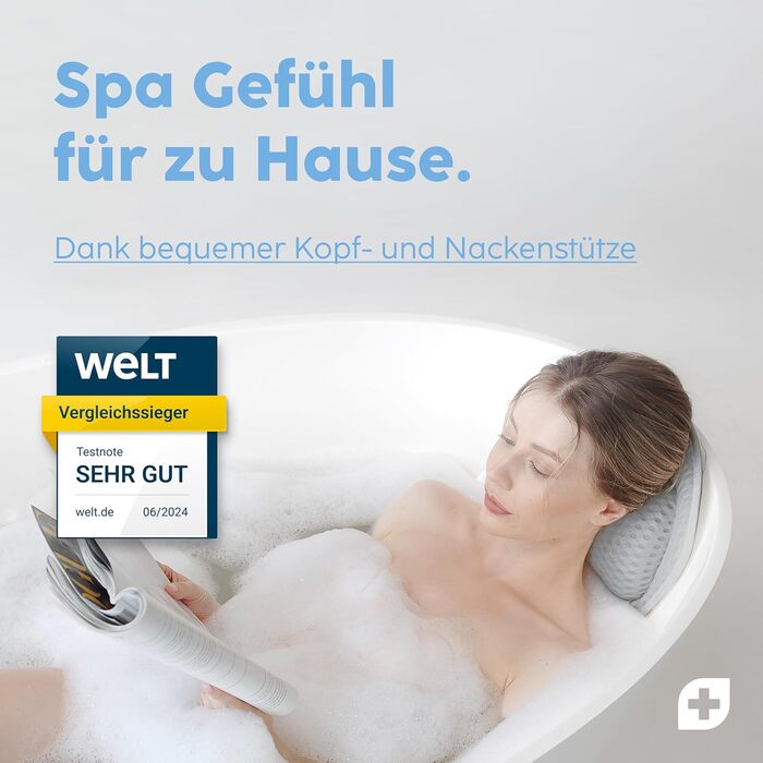 Vesta+ Grey Bath Pillow with Suction Cups - Tested Winner - Neck & Back Support - Non-Slip Bath Cushion for Bathtub & Shower