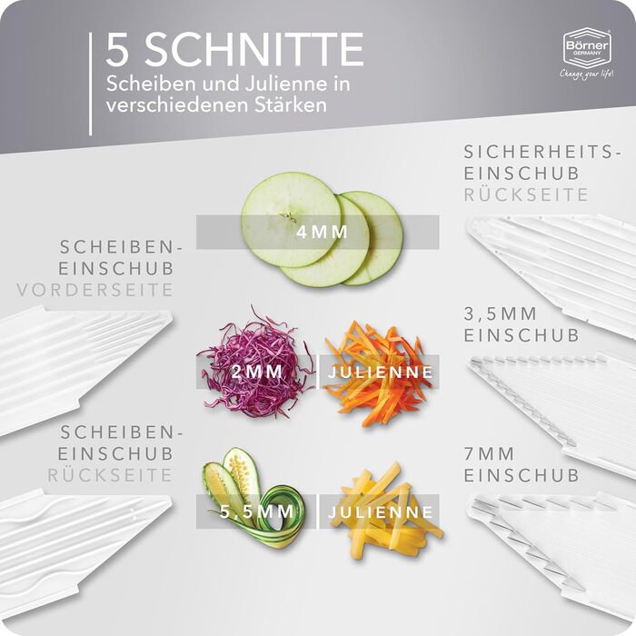 Набір овочерізів Börner V3 (Profi Set) – багатофункціональний овочевий слайсер для нарізки скибочками, жульєном, кубиками • Регульований V-різак • Нержавіюча сталь V-лезо • Набір овочевих слайсерів • Колір: Білий, Profi Set Білий