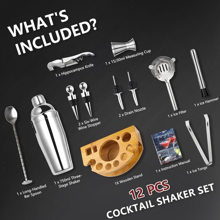 12-Piece Cocktail Shaker Set, 750ml Stainless Steel Cocktail Set with Bamboo Stand & Recipe Book, Cocktail Shaker Set, Gift for Men, Women (Home Bar, Party, Wedding)