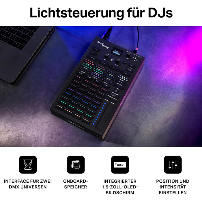 SoundSwitch Control One – Професійний контролер освітлення DMX для DJ з 3 місяцями доступу до програмного забезпечення SoundSwitch, підтримка DMX та Phillips Hue. Чорний колір