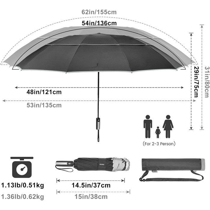 Чорний парасолька G4Free 62 дюймів (157 см) - великий, складний, вітростійкий, автоматичний, з подвійним куполом, 10 ребер