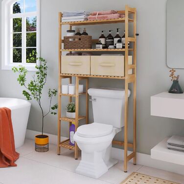 SMIBUY Over The Toilet Storage, 6-Tier Bamboo Bathroom Shelf with Drawers, Freestanding Over the Toilet Organizer Rack, Ample Storage, Space Saver for Small Spaces (Natural)