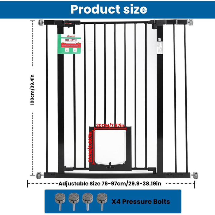 Дитяче ворота UBRAVOO для дверей та сходів, 100 см, безпечне захисне ворота для дітей та домашніх тварин, автоматичне закривання, трикратне блокування, висока модель, ширина 76-97 см, білий колір