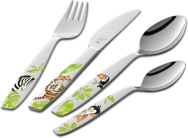 Набір дитячого посуду Zwilling Kinderbesteck Set, 4-частини, з тисненням зображень тварин, для дітей від 3 років, нержавіюча сталь 18/10, упаковка без пластику (Jungle Bunt)