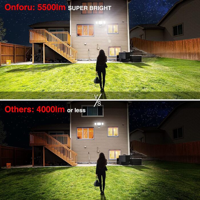 Onforu LED Floodlights with Motion Sensor Outdoor 55W, 5000 LM LED Floodlight, Outdoor Spotlight with Adjustable 3 Heads, 6500K Cool White Spotlight, IP65 Waterproof Floodlight for Garage, Garden, Yard