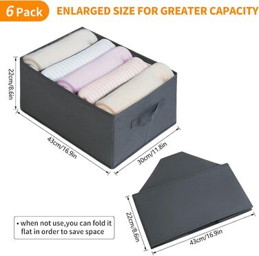 BIGLUFU 6-Piece Closet Organizer Fabric Folding Storage Box Set with 7 Compartments Drawer Organization System Storage for Clothes, T-shirts, Pants, Underwear, Jeans (5 compartments)