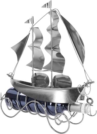 BRUBAKER Wine Bottle Holder Sailing Ship - Bottle Stand Sculpture made of Metal with Gift Card - Silver Wine Gift, Height 39 cm