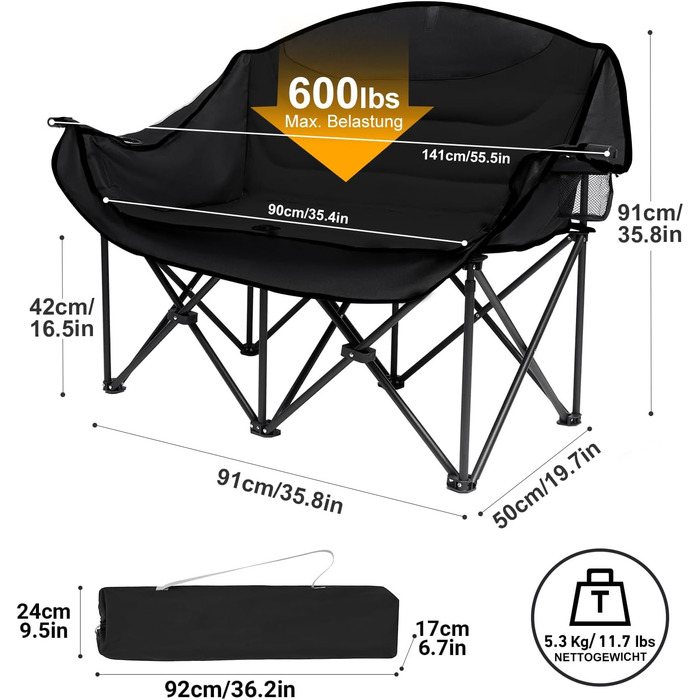 Кампанінг стілець подвійний великий з підлокітниками та підсклянником, складаний для 2 осіб, чорний - для кемпінгу та відпочинку на природі