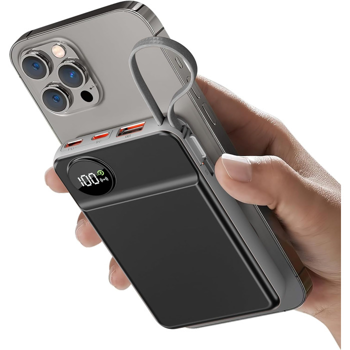 Powerbank MagSafe 20000mAh з PD 20W, USB-A, магнітним з'єднанням, інтегрованими кабелями, бездротовою зарядкою 15W, цифровим дисплеєм, сірий колір