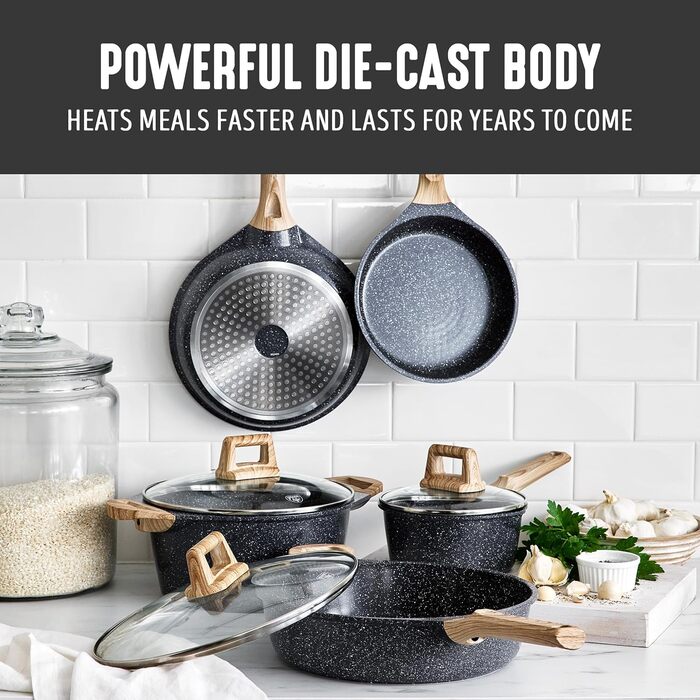 Набір кухонного посуду з кераміки (8 предметів), індукційний, без ПТФЕ, безпечний, для кухні, салатовий (середній, гранітний чорний)