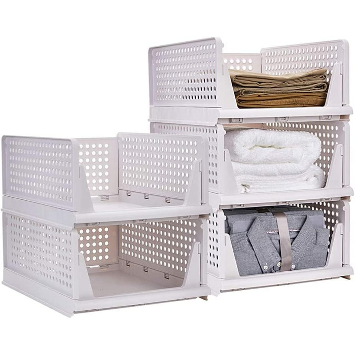 5 Foldable Plastic Storage Boxes, Drawer Box, Stackable Closet Organizer, Shelf Storage Box, Shelf Baskets Closet, Stackable Drawer Storage Boxes, for Kitchen Bedroom, White (8 Pieces L)