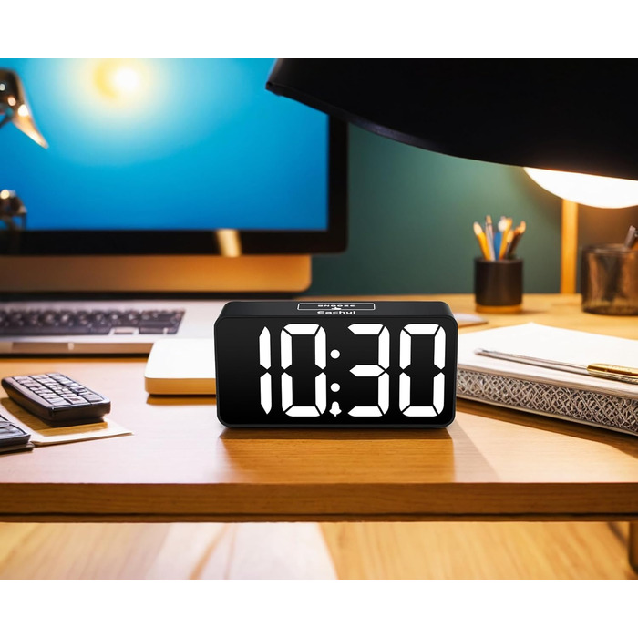 LED-годинник Eachui з USB-зарядкою, великий дисплей, регулювання яскравості та гучності, повторний сигнал, 12/24 год, цифровий годинник, живлення від мережі (чорний & білий)