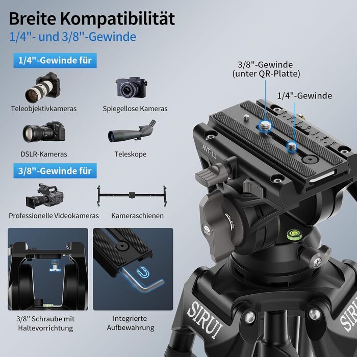 Штатив відео SIRUI AVT-11 з 360° Fluid-головкою, 180 см, для DSLR/Camcorder, алюміній, вантажопідйомність 10 кг