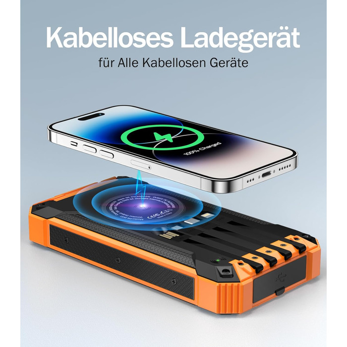 Power Bank Solar GOODaaa 26800mAh з 6 виходами, 4 входами, 15W, для мобільних пристроїв, з ліхтариком та карабіном (Оранжевий)