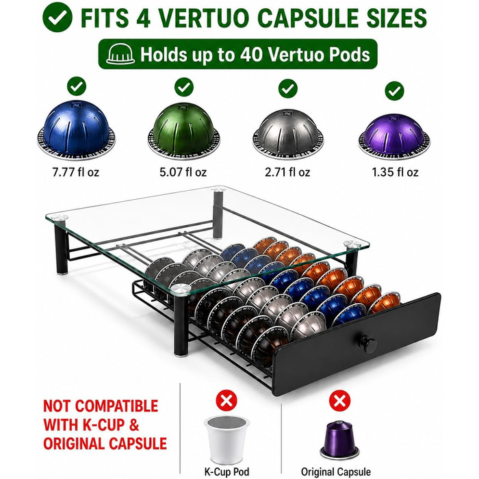 Підставка для капсул Nespresso Vertuo з міцного скла, чорна – для 40 капсул VertuoLine (Vertuo Next & Plus), економія місця