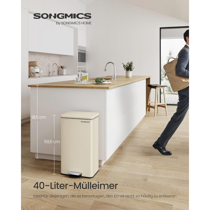 Відро для сміття SONGMICS 40 л, сталеве, з м'яким закриттям, з мішками, пісочно-бежеве (LTB540A02)