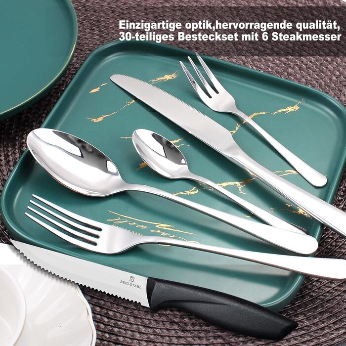 Набір столових приборів на 6 осіб, Targzier, 36 предметів, нержавіюча сталь, з ножем для стейку, для сім'ї/вечірки/готелю, чорний, придатний для миття в посудомийній машині
