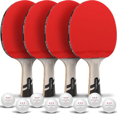 PRO SPIN Столовий тенісний ракетковий набір - карбоновий професійний ракетковий набір, преміум-якість, висока точність, спін-гума, товщина гуми 2.0 мм, захисний чохол (червоний, набір для 4 гравців)