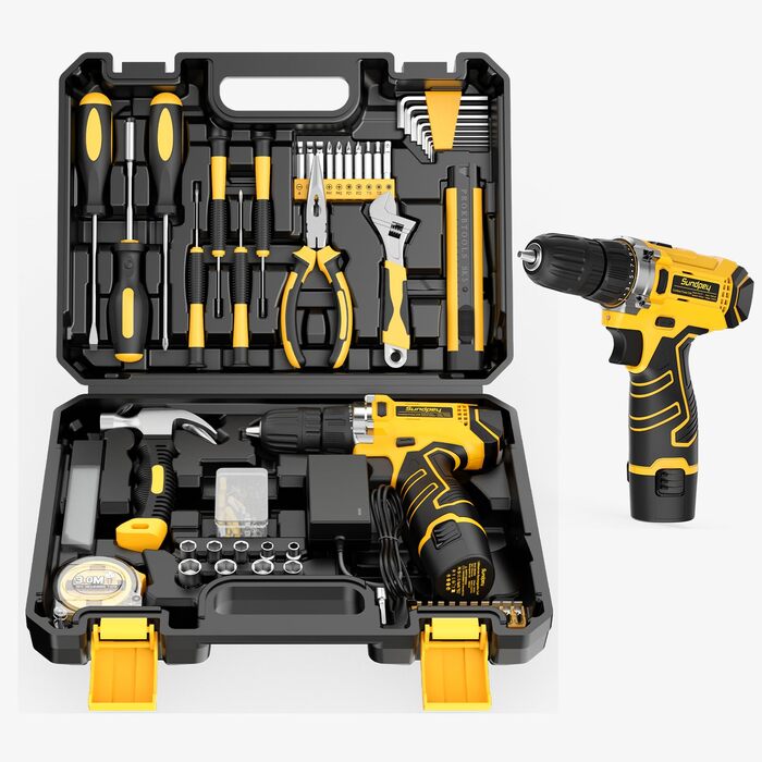 Набір інструментів Sundpey 166 шт. з акумуляторною дрилі 12V для дому, ремонту та саду (жовтий)