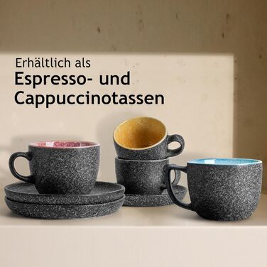 MIAMI - Set of 6, 80 ml, stackable espresso cups made of ceramic with saucers and metal stand, espresso cups, mocha cups, coffee cups for espresso, latte - Las Palmitas Collection
