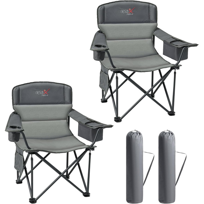 Розкладний стілець для кемпінгу RELAX FIELD 200KG з підстаканником та сумкою-холодильником, рибальський стілець, сірий (2 шт)