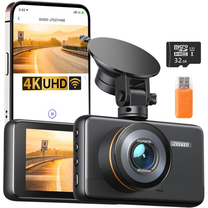 iZEEKER 4K відеореєстратор для авто, 2160P WiFi, 32GB карта, нічне бачення, Loop-запис, G-сенсор, 24h паркінг, WDR