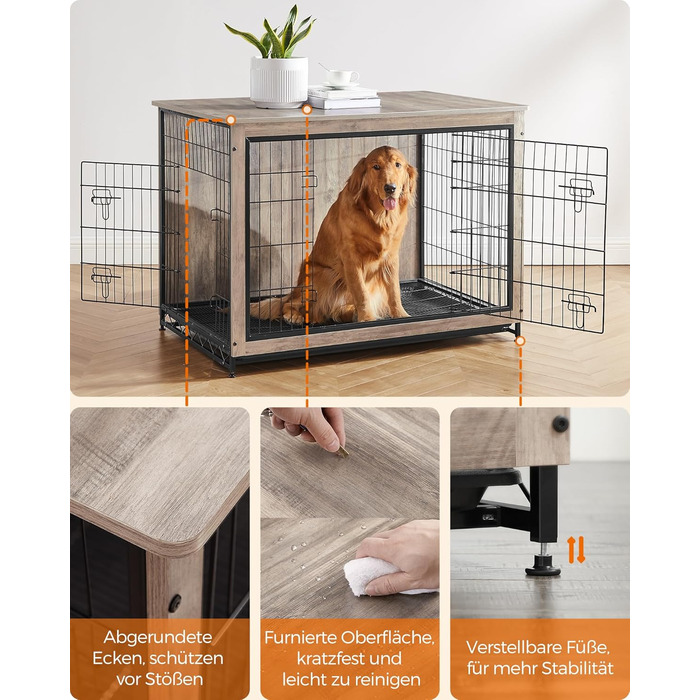 Клітка для собак Feandrea з приставним столиком, переноска, сучасна будка для собак до 36 кг, міцна, для дому, знімний піддон, 2 двері, PFC004X01 (112 x 75 x 82 см, Greige)