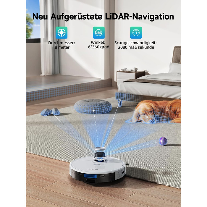 Робот-пилосос HONITURE Q6 SE з вологою тканиною, станція самостійного очищення, потужність 5000Pa, навігація LiDAR, мапірування, керування через додаток, сумісність з Alexa, для шерсті тварин та килимів, час роботи до 200 хвилин, білий