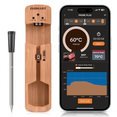 INSMART Wireless Meat Thermometer, Bluetooth Grill Thermometer 100m, IPX7 Waterproof Roasting Thermometer with Smart APP, Cooking Meat Thermometer for Oven, Grill, Smoker, Rotisserie, Air Fryer