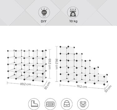 SONGMICS Shoe Rack, Shelving System, Plug-in Shelf, 15 Compartments, DIY Shelf, Stackable, Made of PP Plastic, as a Wardrobe, Room Divider, for Bedroom, Office, 30 x 111.2 x 86.2 cm, white LPC445W02
