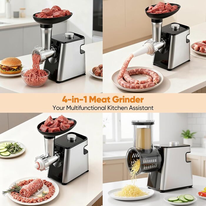 Електричний м'ясоруб 2800 Вт з насадками для овочів та сиру, кухонний комбайн 5-в-1 для м'яса, овочів, сиру та приготування ковбас