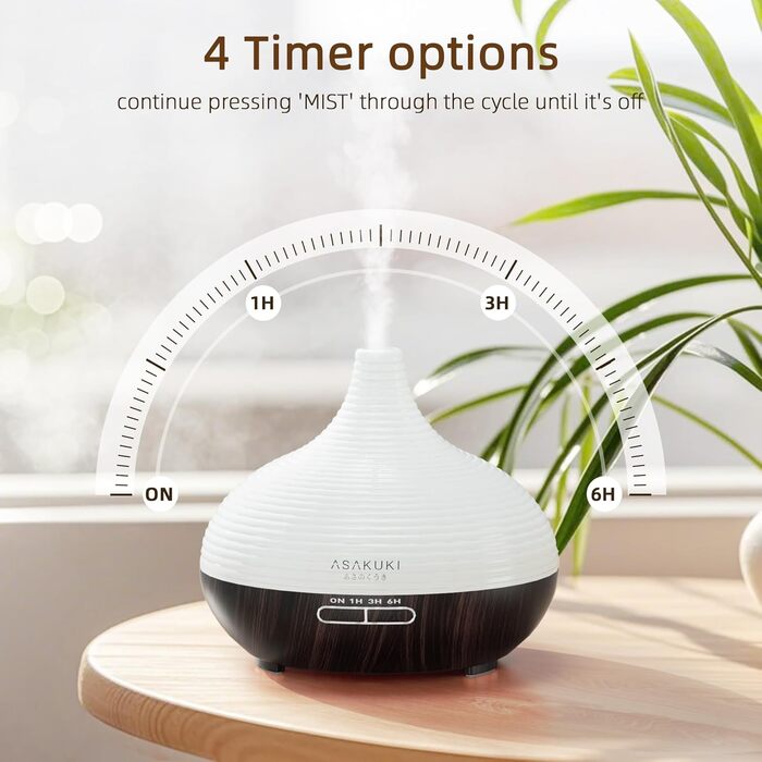 ASAKUKI Дифузор ароматичних олій 300мл, ультразвуковий зволожувач повітря, ароматерапія, LED-підсвічування, без BPA, для спа, офісу, спальні (Чорний)