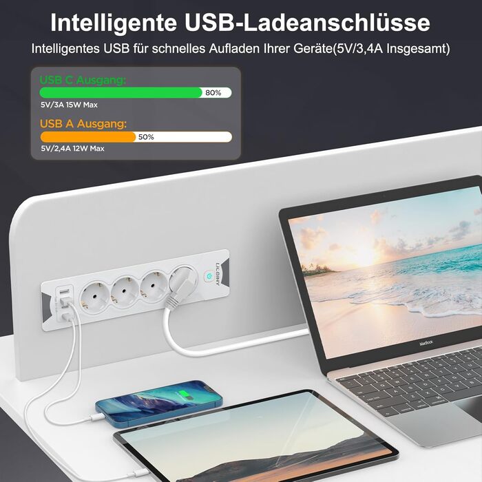 Вбудована розетка з 2 USB-C та 4 розетками, 3680W, 16A, білий кабель 2м. Розподільник розеток для конференц-столу, дивану