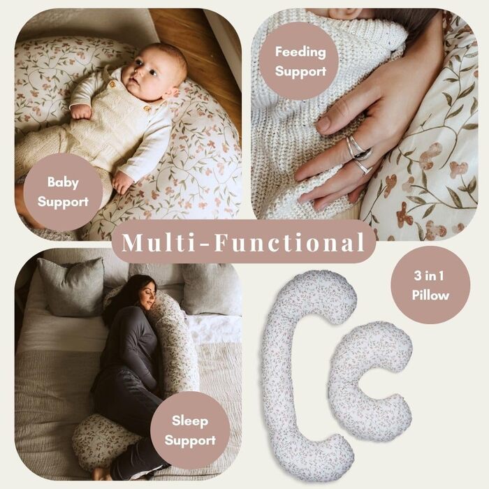 Подушка для вагітних BellaMoon 3-в-1: підтримка всього тіла, C-подібна форма для сну, годування та ліжечка. Знімна, бавовняна наволочка (Waterleaves) (FIeld of Blossoms)