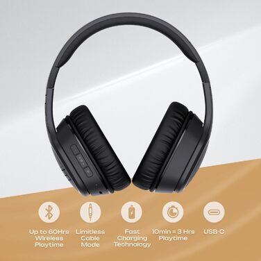 PowerLocus P7 Бездротові навушники Over-Ear, складні, з басами, Hi-Fi стерео, з функцією гучного зв'язку, USB-C зарядка, довгий час роботи, для iPhone/PC/TV, чорний