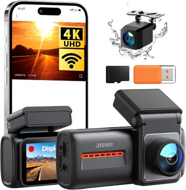 iZEEKER 4K Автомобільний відеореєстратор (Dashcam) з Wi-Fi, 32GB SD-карткою, двоканальний запис 4K+1080P, IPS-дисплей 2.99', Нічне бачення, G-сенсор, Запис по колу, Паркувальний режим 24/7