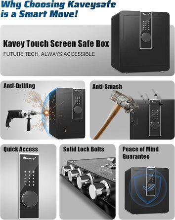 Кейві 2.0 Kub Safe Box: сейф з LCD-сенсорним екраном, двома тривогами, LED-підсвіткою, знімною полицею, для грошей, документів та цінностей (2,0 м³)
