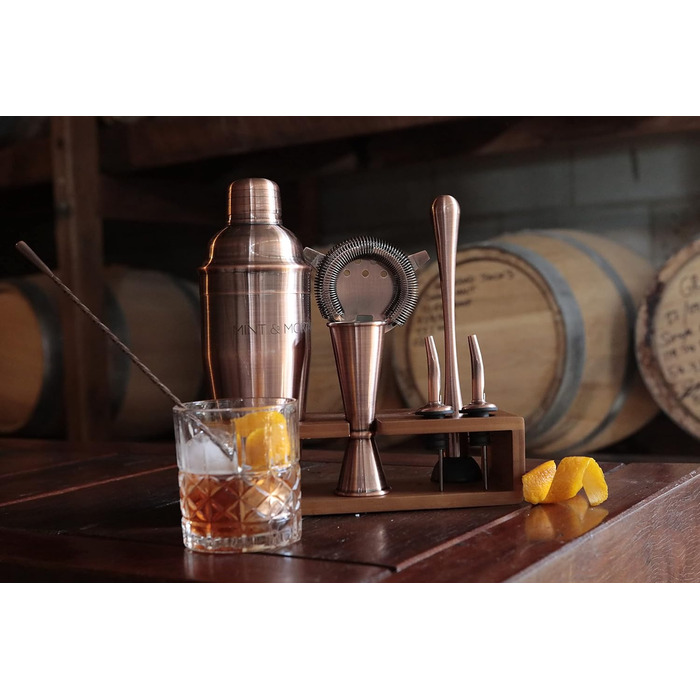 Набір для коктейлів Mint&Mortar 7 предметів з бамбуковим підставкою, з нержавіючої сталі, міксологія, барменський набір з барними інструментами для дому та професійного використання, ідеальний для Мартіні/Маргарити, 680 мл, міксер (Чорний) (Шліфоване мідь