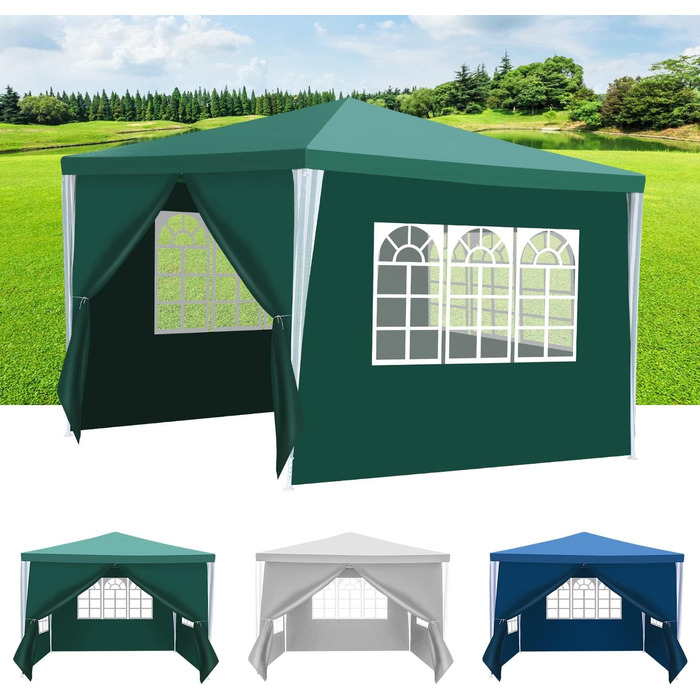 Waterproof Garden Pavilion, Gazebo, Stable and Winter-Proof with 4 Side Panels and Windows, Garden Party Tent with UV Protection 50+ for Parties, Market Stalls, Flea Markets, and Camping, Green, 3x3m