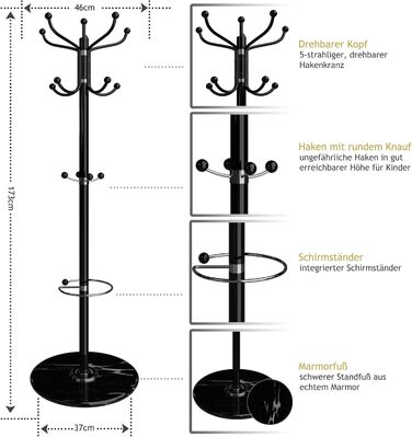 Casaria® Clothes Rack Marble Base Metal 14 Hooks 360° Swivel Stable 37x37x175 cm Entryway Office Coat Rack Clothes Rail Jacket Stand Black